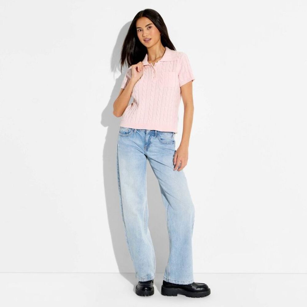 Women's Short Sleeve Cable Polo Pullover Sweater - Wild Fable Pink L